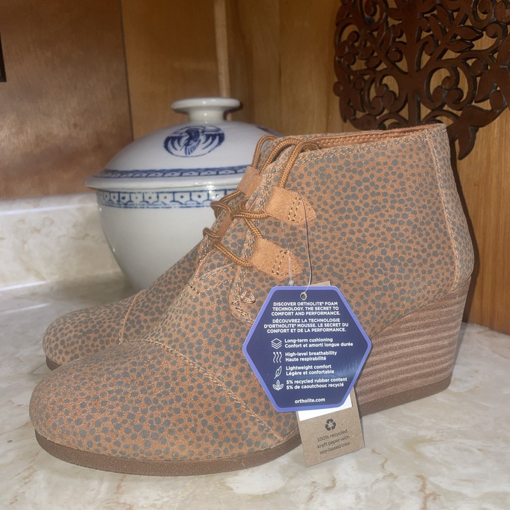 Toms Womens 7.5 Shoes Kala‎ Wedge Bootie Ortholite Tan Mini Cheetah Suede